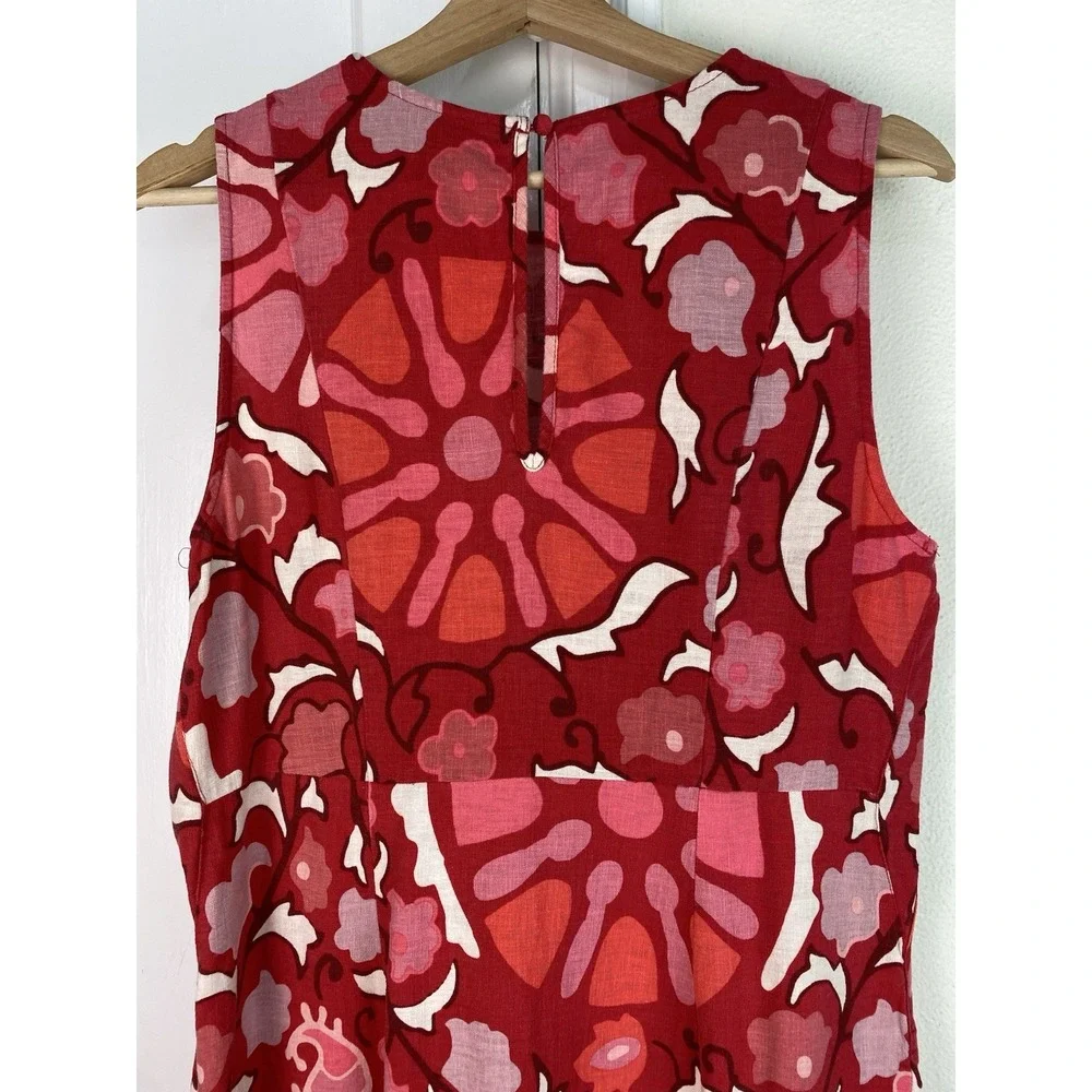Rhode Womens 12 Red Pink White Floral Sleeveless Linen Blend Ruffle Sheath Dress